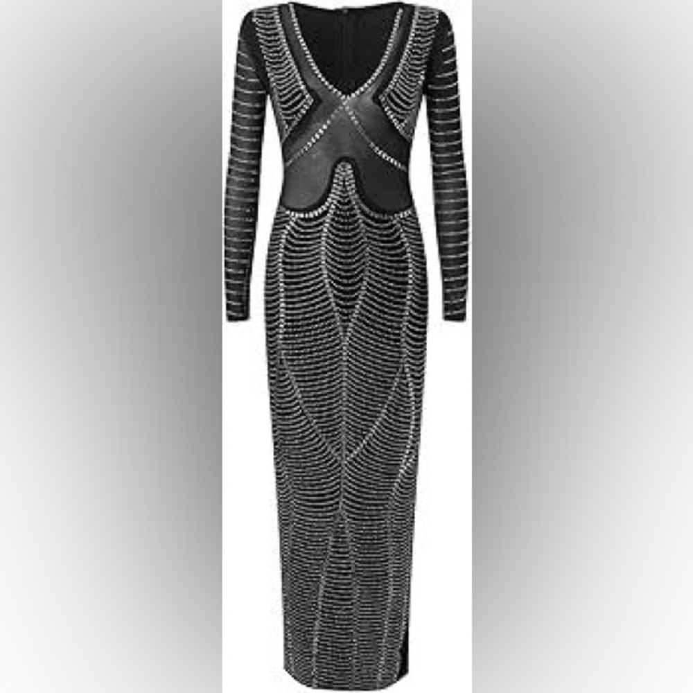 Black Long-Sleeve Embellished Bodycon Maxi Dress